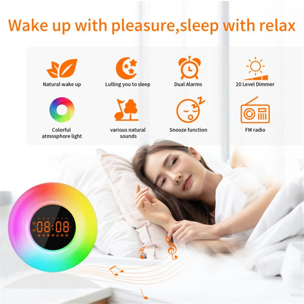 Wake Up Light Alarm Clock with Sunrise Sunset Time Display Night Light with FM - US Plug - 4