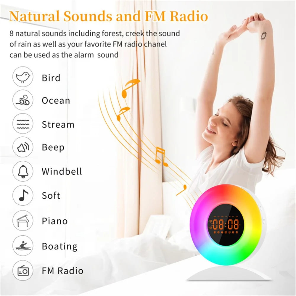 Wake Up Light Alarm Clock with Sunrise Sunset Time Display Night Light with FM - US Plug - 6