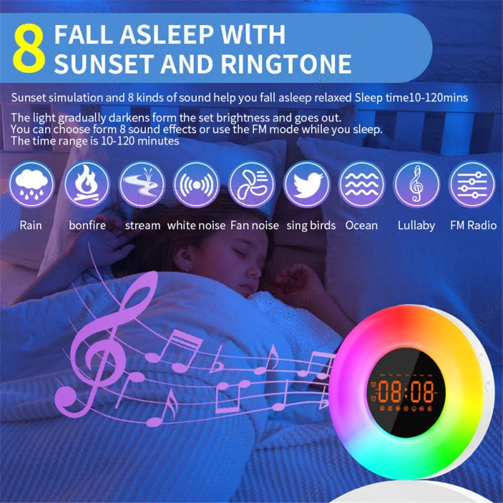 Wake Up Light Alarm Clock with Sunrise Sunset Time Display Night Light with FM - US Plug - 7