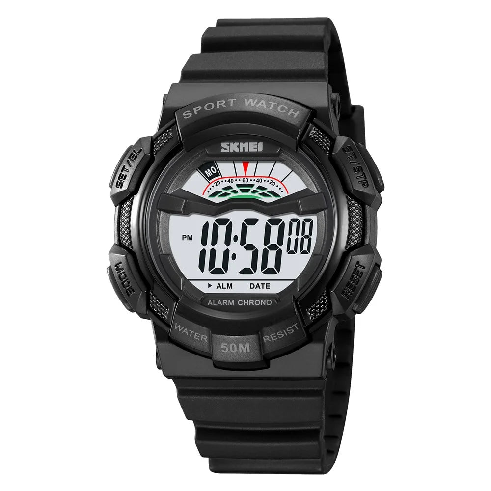 SKMEI 2153 50m Waterproof Wrist Watch TPU Strap EL Backlight Electronic Watch - Black / White Dial - 1