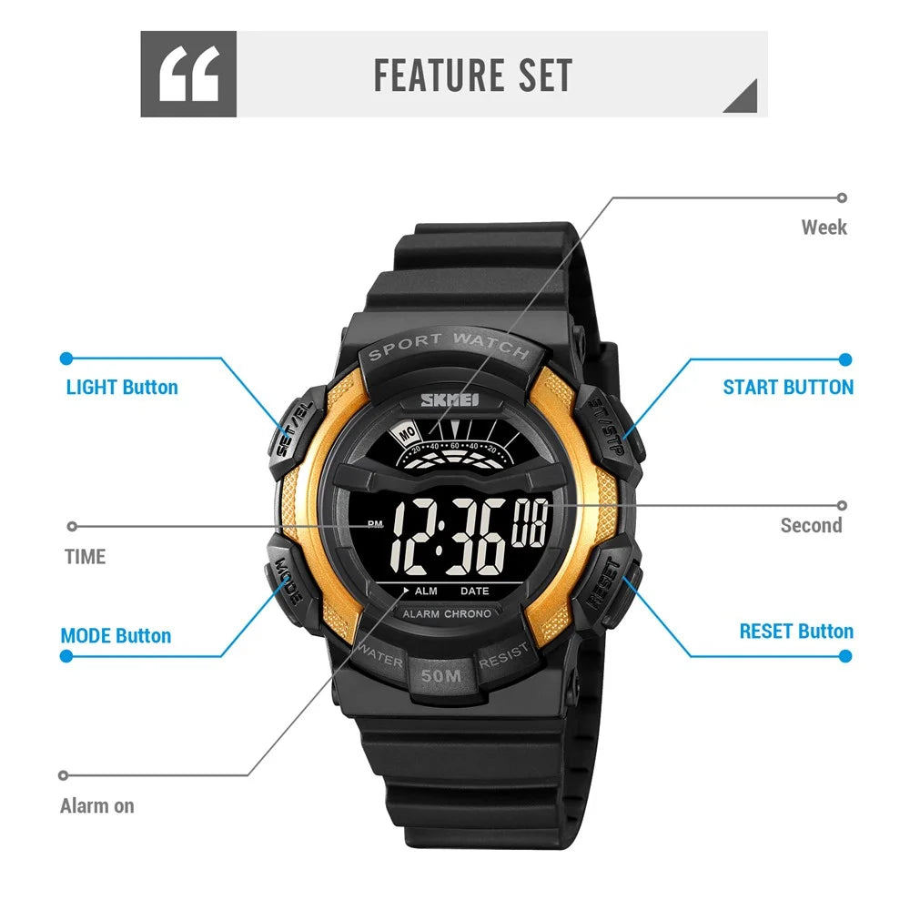 SKMEI 2153 50m Waterproof Wrist Watch TPU Strap EL Backlight Electronic Watch - Black / White Dial - 5