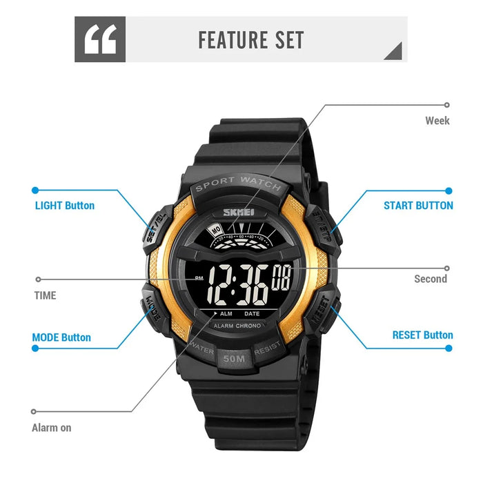 SKMEI 2153 50m Waterproof Wrist Watch TPU Strap EL Backlight Electronic Watch - Black / White Dial - 5