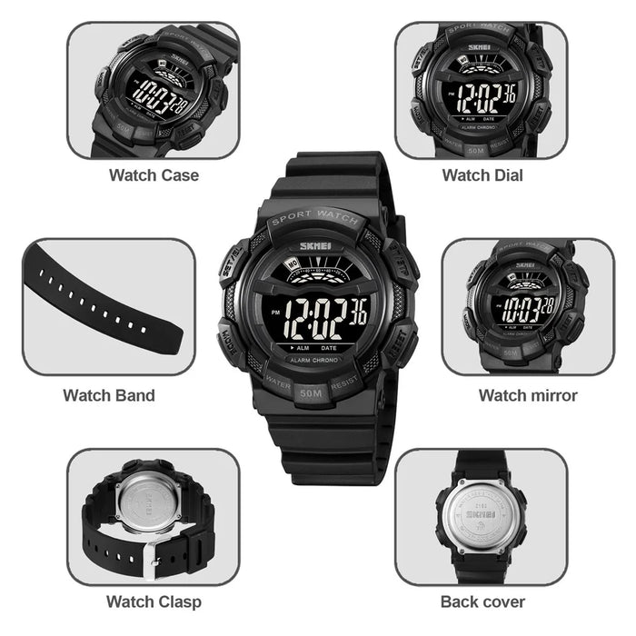 SKMEI 2153 50m Waterproof Wrist Watch TPU Strap EL Backlight Electronic Watch - Black / White Dial - 6