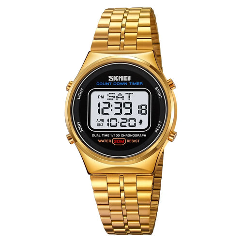 SKMEI 1882 Electronic Watch Stainless Steel Strap Multifunction Wristwatch - Gold / White Dial - 1