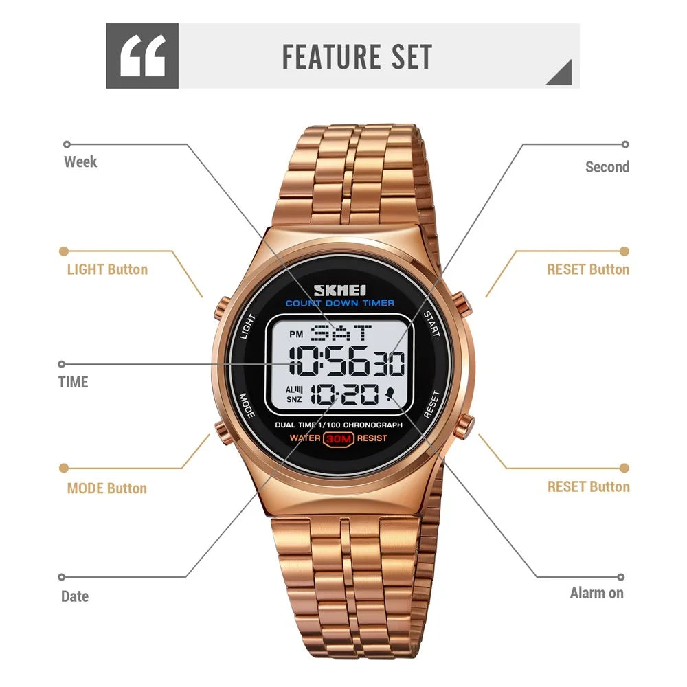 SKMEI 1882 Electronic Watch Stainless Steel Strap Multifunction Wristwatch - Gold / White Dial - 3
