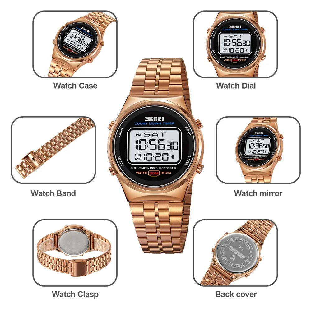 SKMEI 1882 Electronic Watch Stainless Steel Strap Multifunction Wristwatch - Gold / White Dial - 4