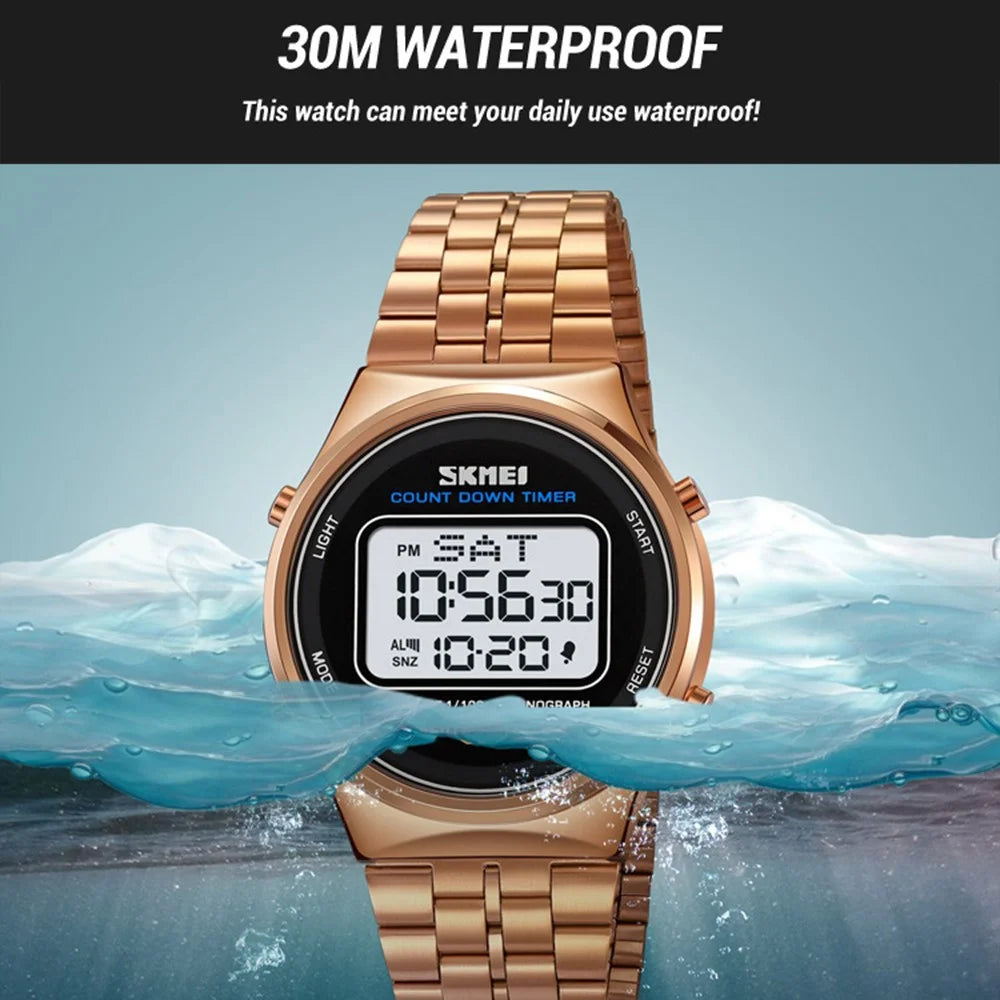 SKMEI 1882 Electronic Watch Stainless Steel Strap Multifunction Wristwatch - Gold / White Dial - 5
