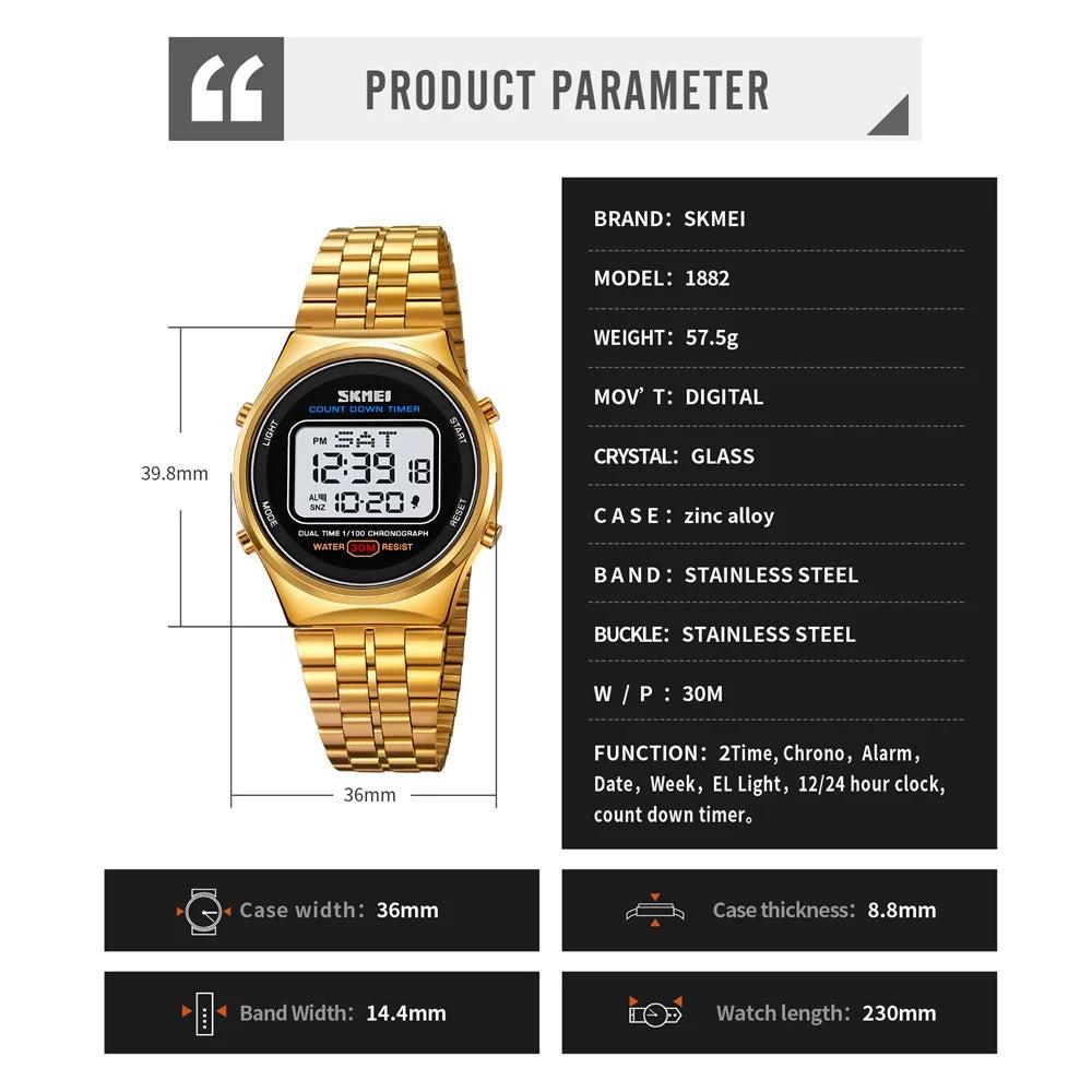SKMEI 1882 Electronic Watch Stainless Steel Strap Multifunction Wristwatch - Gold / White Dial - 7
