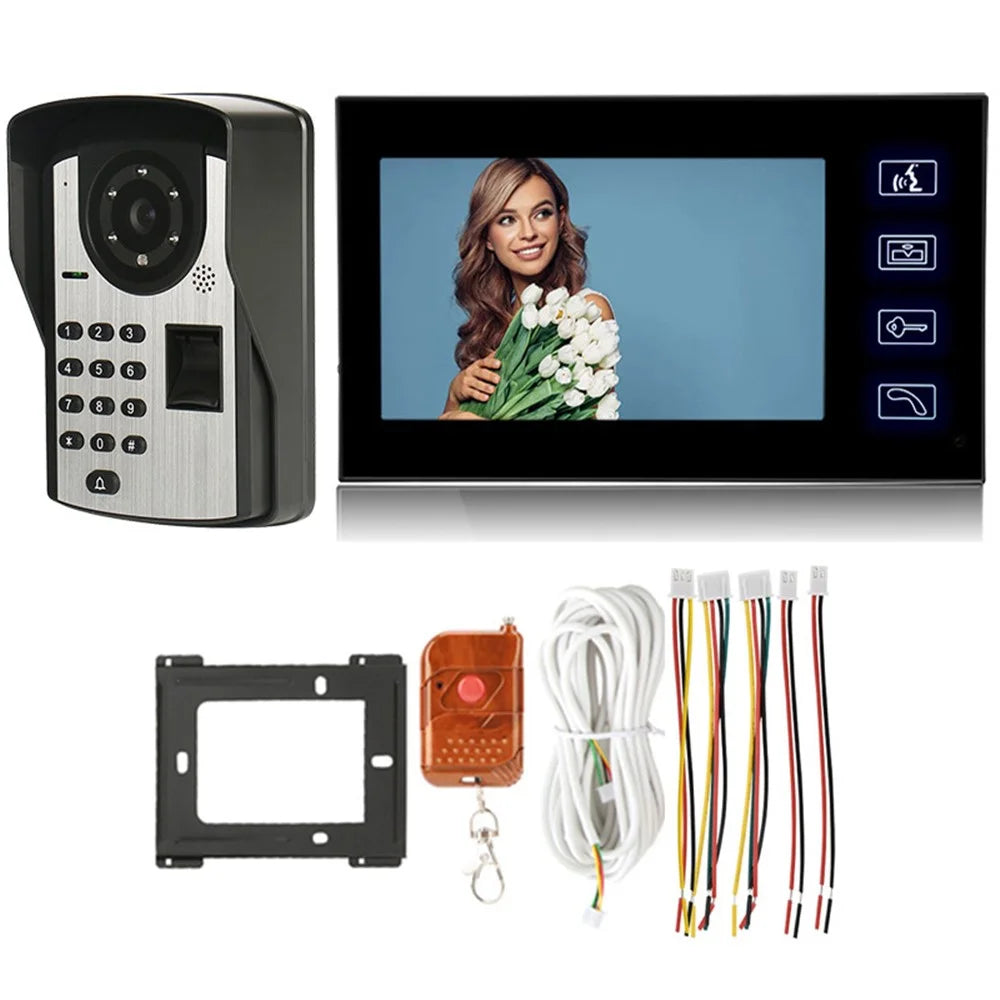 806FD11 7" Monitor HD Video Fingerprint Password Doorbell Camera with Remote Control, EU Plug - 1