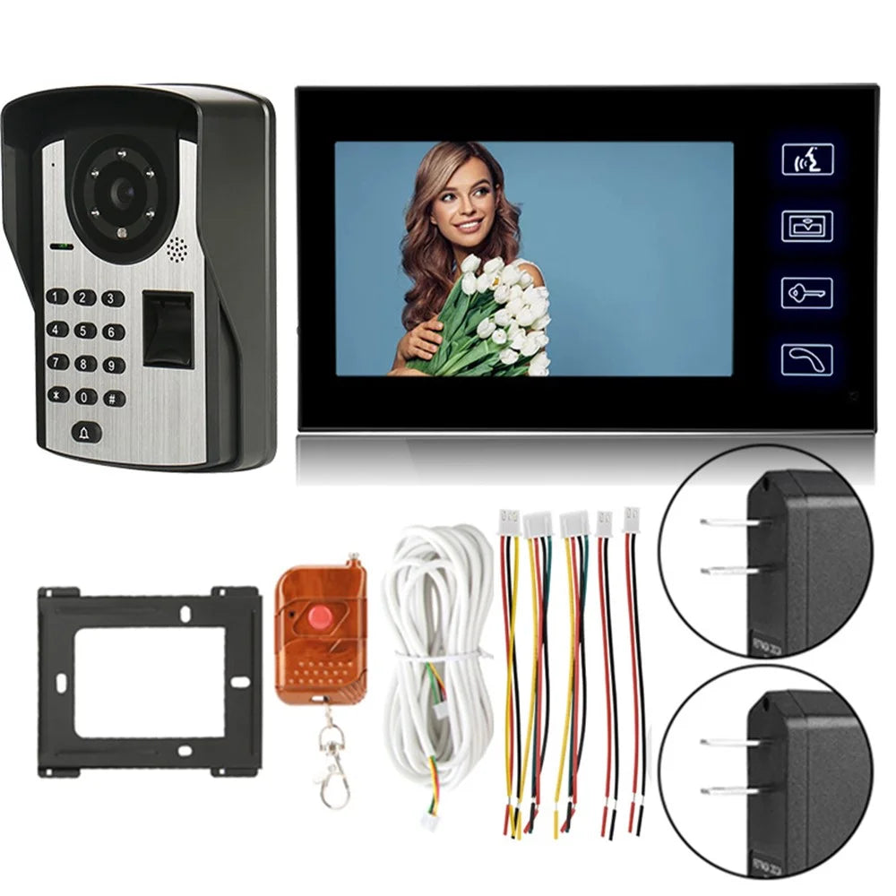 806FD11 7" Monitor HD Video Fingerprint Password Smart Doorbell Camera with Remote Control, US Plug - 1