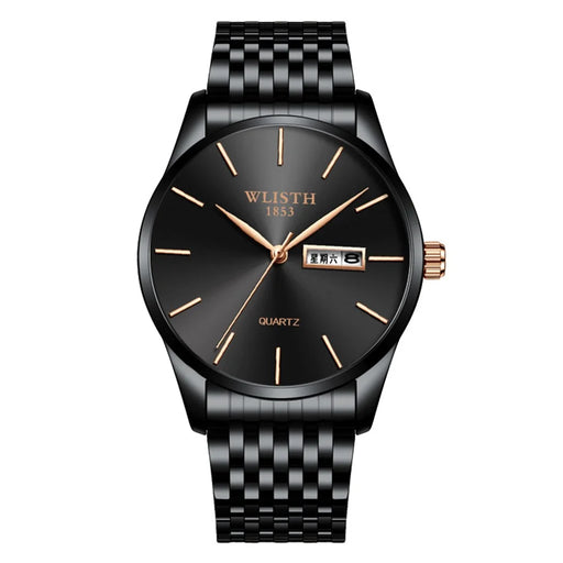 WLISTH S512 No Number Dial Date Week Display Luminous Quartz Wrist Watch - Black Case+Black Dial+Black Steel Strap - 1