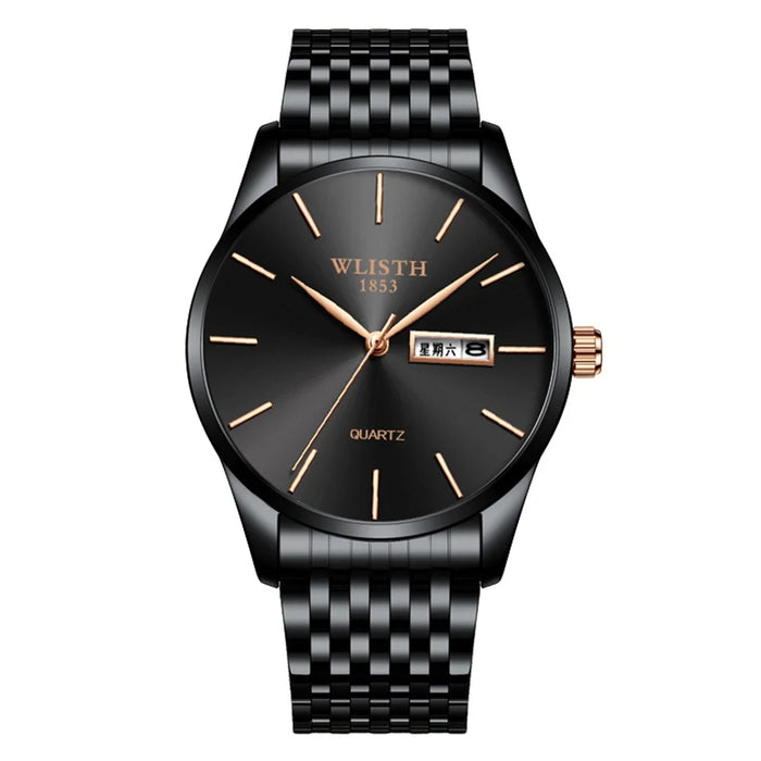 WLISTH S512 No Number Dial Date Week Display Luminous Quartz Wrist Watch - Black Case+Black Dial+Black Steel Strap - 1
