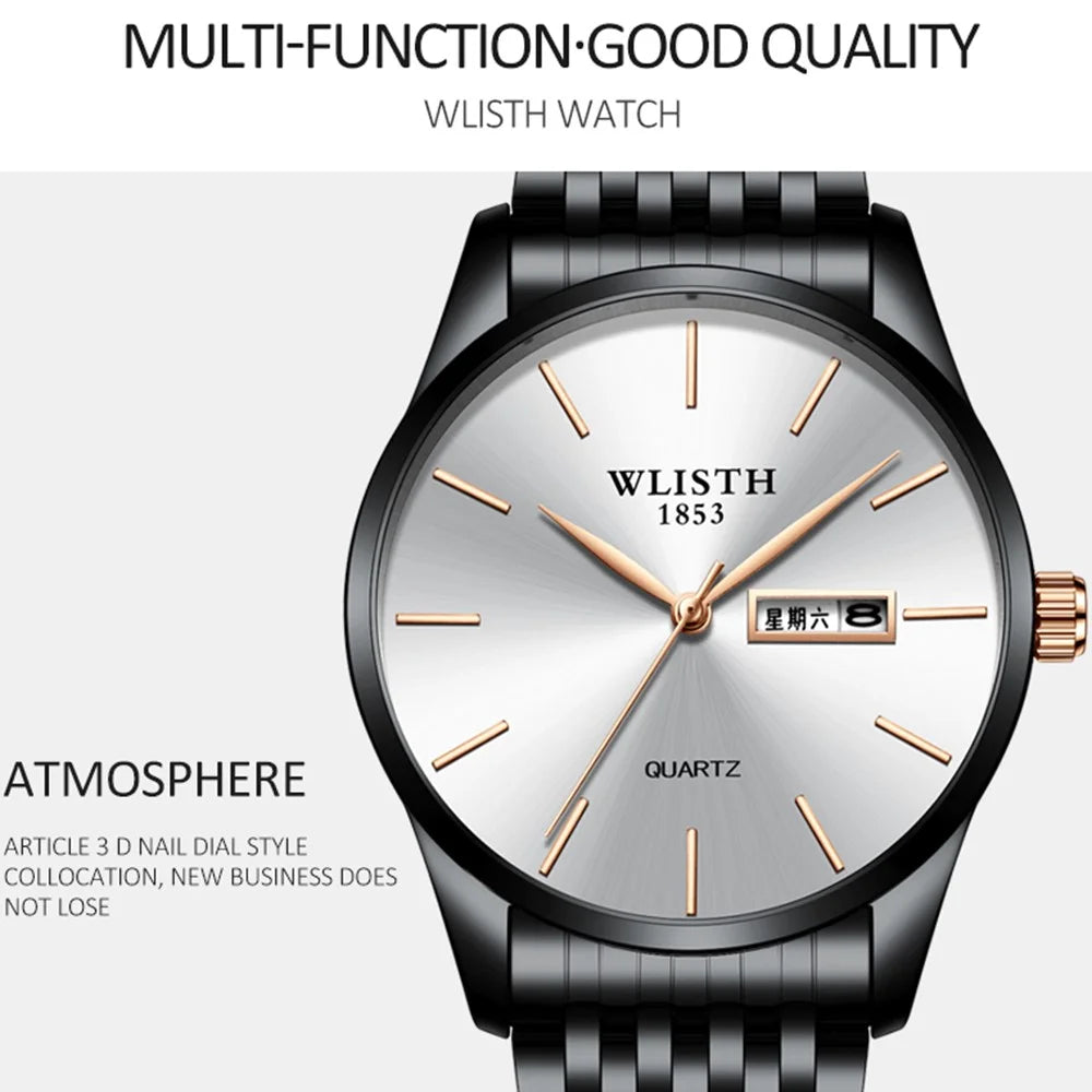 WLISTH S512 No Number Dial Date Week Display Luminous Quartz Wrist Watch - Black Case+Black Dial+Black Steel Strap - 2