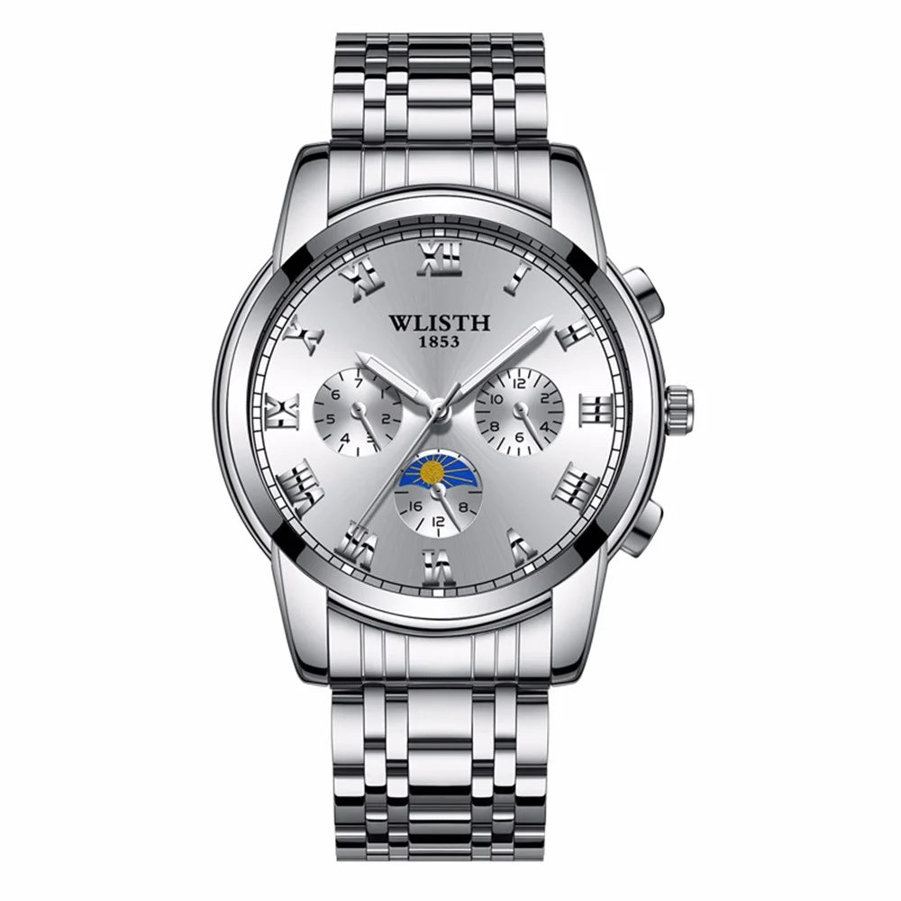 WLISTH S509 Business Men Luminous Quartz Watch with 3 Decorative Small Dials - Silver Case+White Dial+Steel Strap - 1