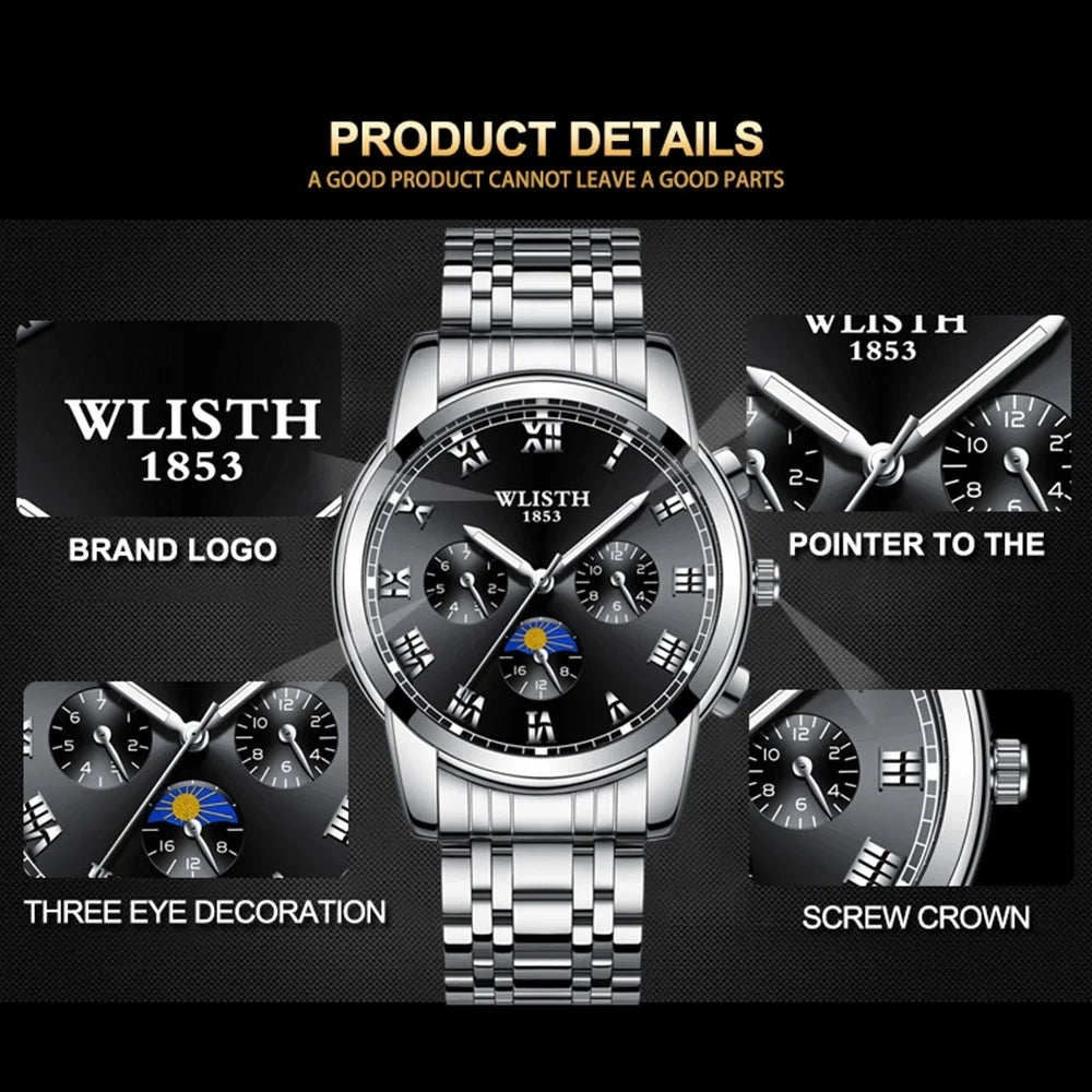 WLISTH S509 Business Men Luminous Quartz Watch with 3 Decorative Small Dials - Silver Case+White Dial+Steel Strap - 3