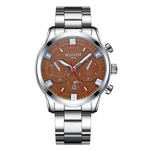 WLISTH S508 Men Calendar Luminous Quartz Watch with 3 Decorative Dials - Silver Case+Brown Dial+Steel Strap - 1