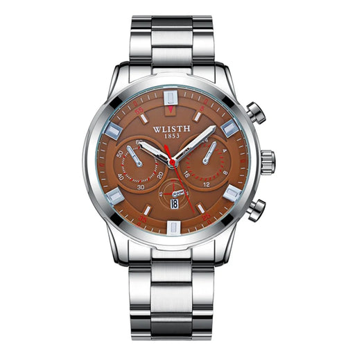 WLISTH S508 Men Calendar Luminous Quartz Watch with 3 Decorative Dials - Silver Case+Brown Dial+Steel Strap - 1