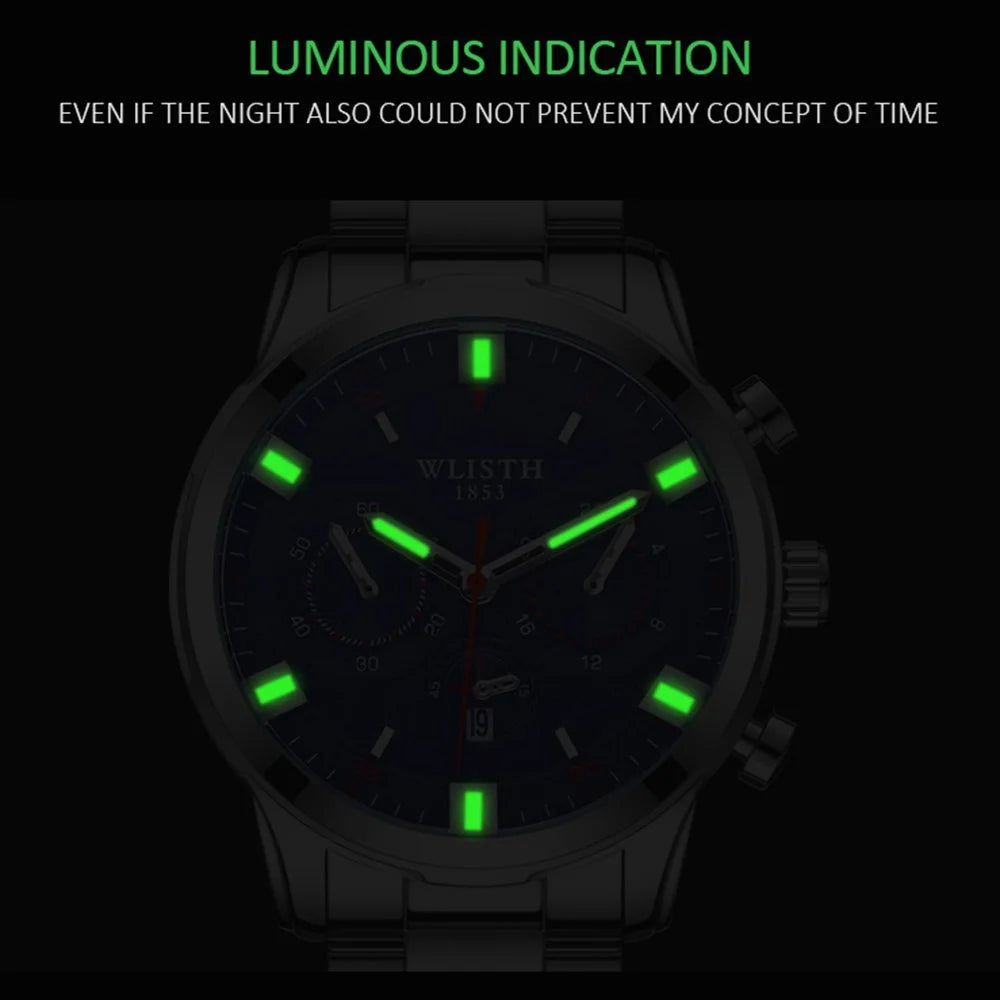 WLISTH S508 Men Calendar Luminous Quartz Watch with 3 Decorative Dials - Silver Case+Brown Dial+Steel Strap - 4