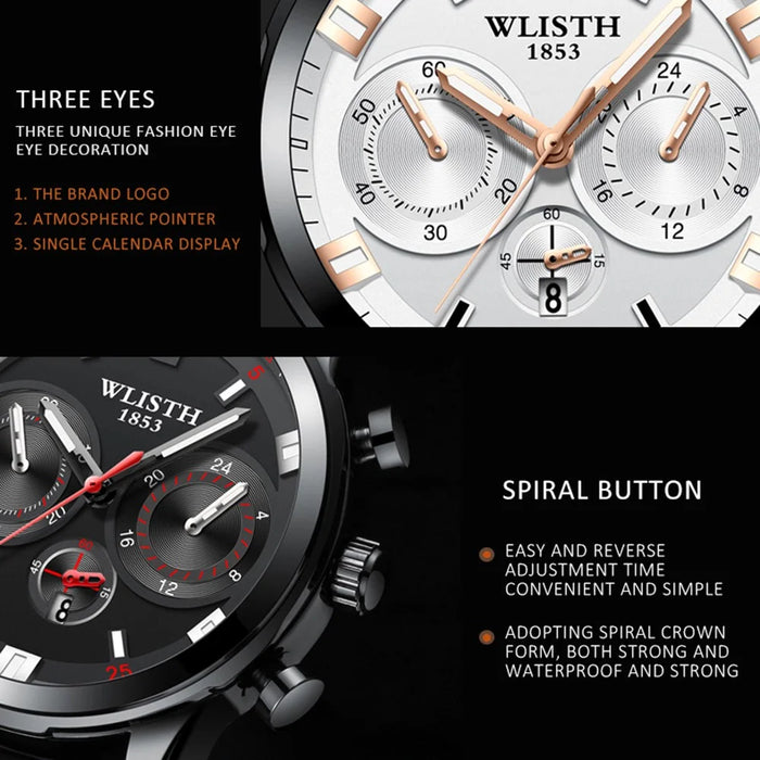 WLISTH S508 Men Calendar Luminous Quartz Watch with 3 Decorative Dials - Silver Case+Brown Dial+Steel Strap - 6