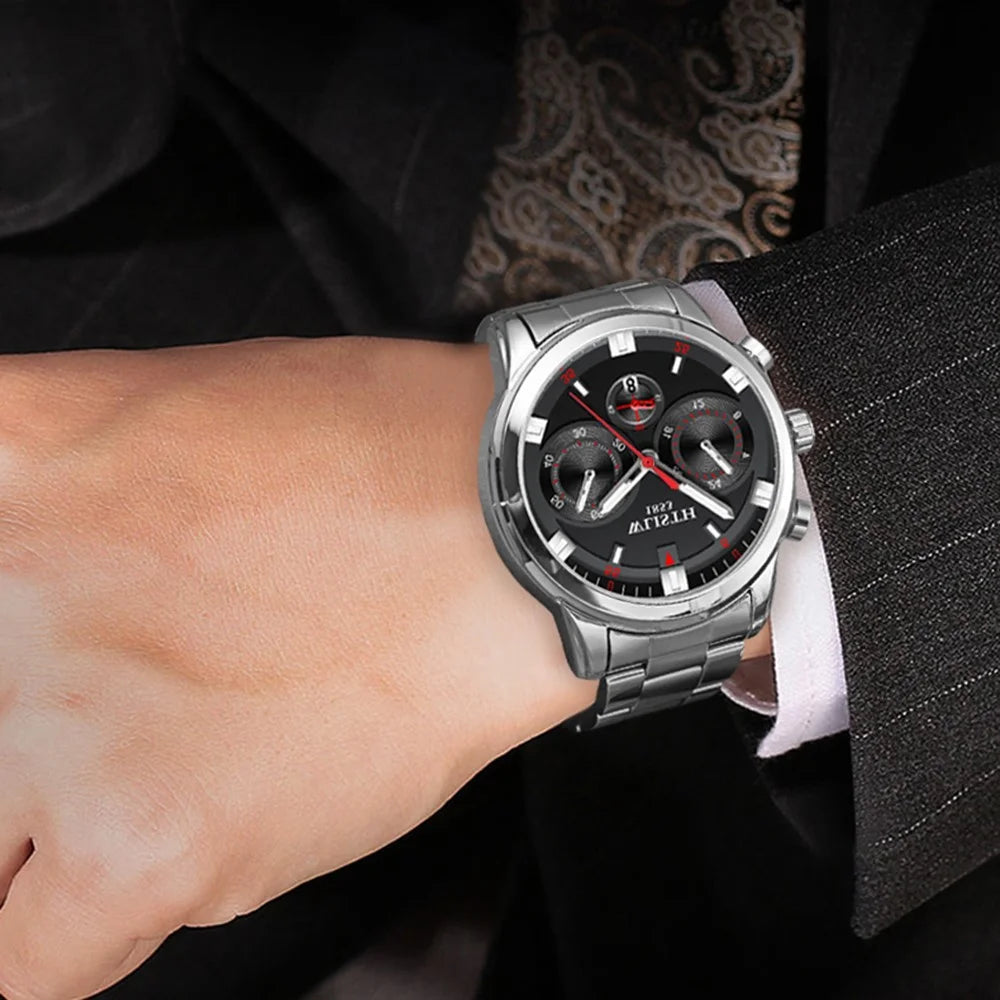 WLISTH S508 Men Calendar Luminous Quartz Watch with 3 Decorative Dials - Silver Case+Brown Dial+Steel Strap - 7