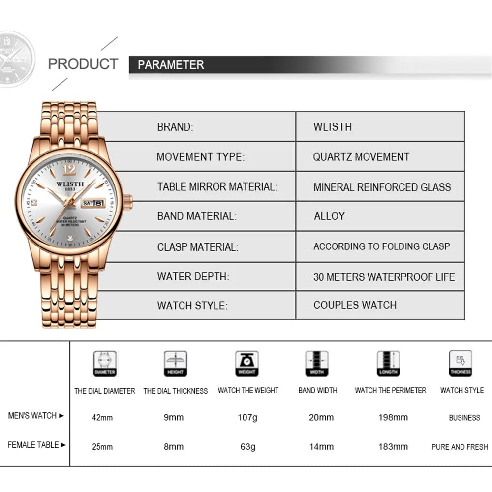 WLISTH S507 Waterproof Bracelet Calendar Date Week Display Quartz Watch - Rose Gold+White / For Women - 7