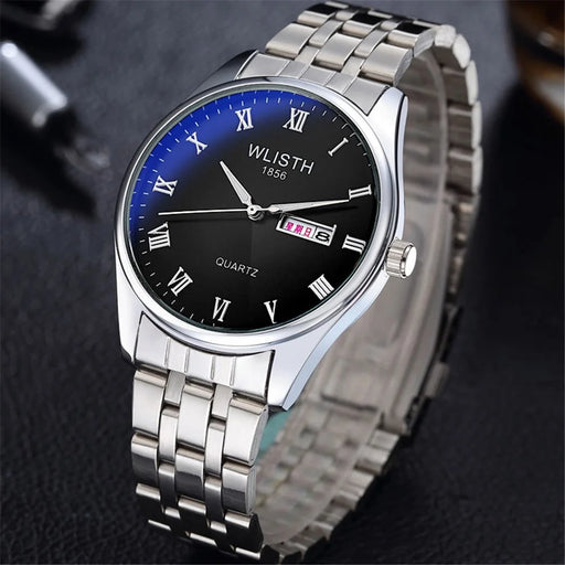 WLISTH S502 Blue Light Glass Calendar Display Waterproof Quartz Watch - Black+Silver / For Men - 1