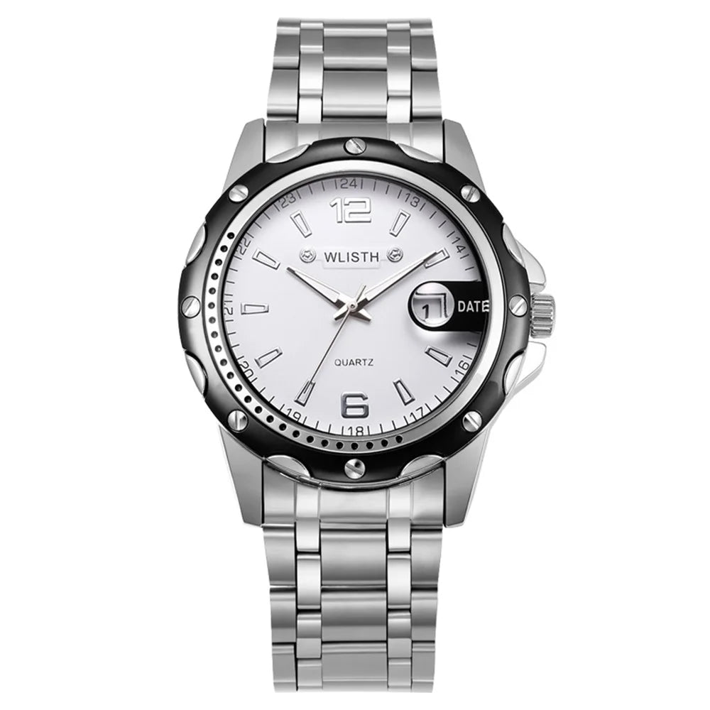 WLISTH S504 Business Men Date Display Luminous Analog Quartz Wrist Watch - White Dial+Steel Strap - 1