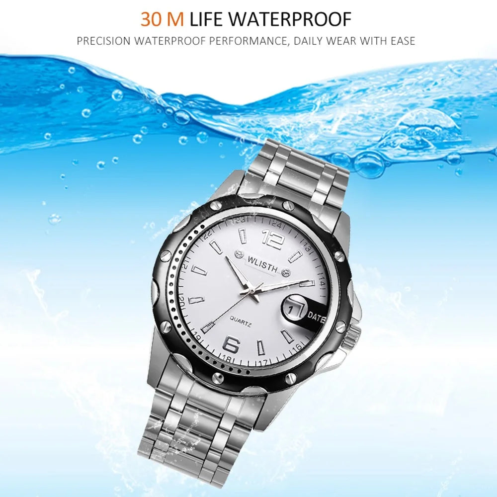 WLISTH S504 Business Men Date Display Luminous Analog Quartz Wrist Watch - White Dial+Steel Strap - 3