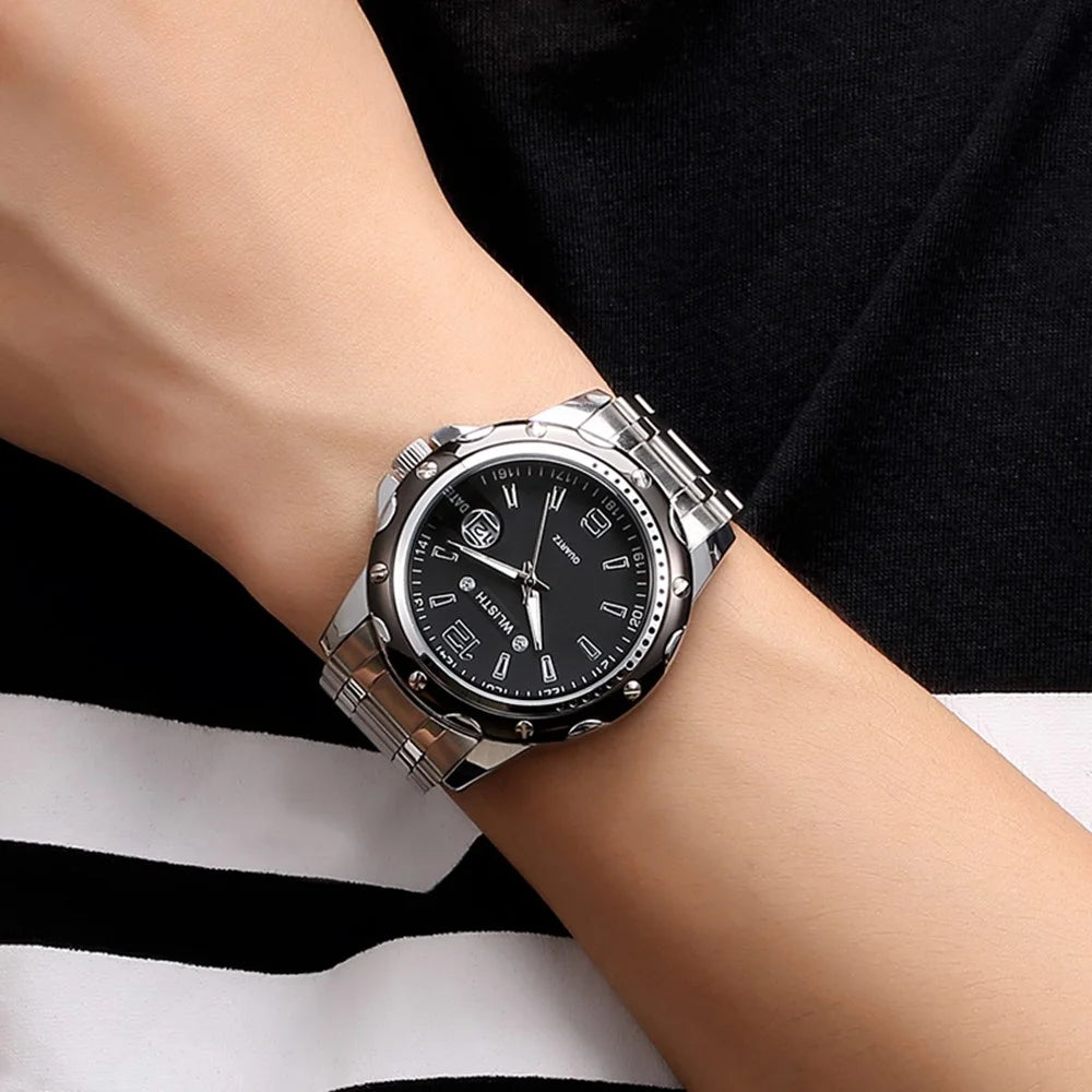 WLISTH S504 Business Men Date Display Luminous Analog Quartz Wrist Watch - White Dial+Steel Strap - 7