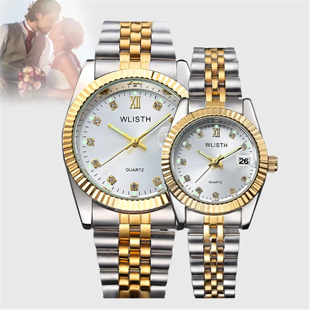 WLISTH Q354 Calendar Display Luminous Couple Quartz Watch with Steel Strap - Gold Splicing Strap+White Dial / Men - 2