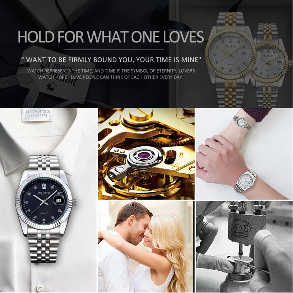 WLISTH Q354 Calendar Display Luminous Couple Quartz Watch with Steel Strap - Gold Splicing Strap+White Dial / Men - 6