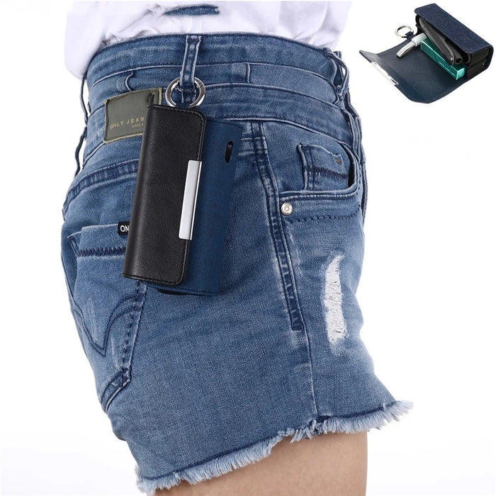 Case for IQOS 3 / 3 Duo , PU Leather Electronic Cigarette Storage Bag with Hook - Sapphire+Denim Dark Blue - 4