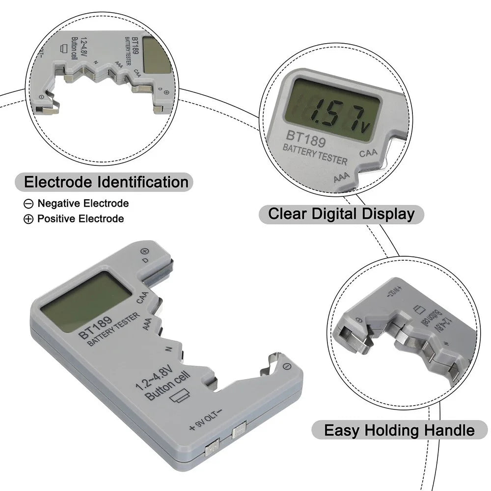 BT189 LCD Screen Battery Tester Universal Button Cell D N AA AAA 9V Battery Voltage Checker - Grey - 5