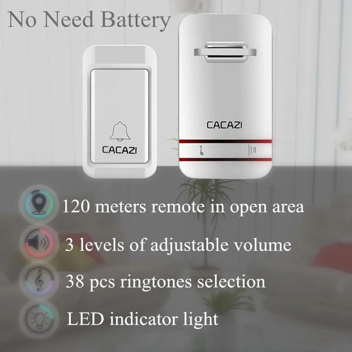 CACAZI V027G 38 Ringtones Self-powered Wireless Doorbell, 1 Transmitter + 1 Receiver - US Plug - 2