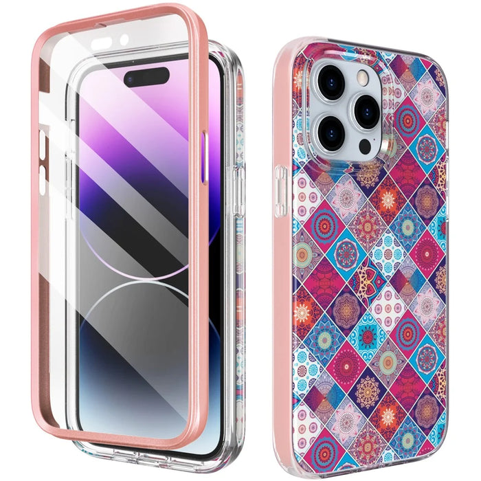 AHASTYLE WE13 For iPhone 14 Pro Max Case Pattern IMD PC+TPU Phone Cover Built-In Screen Protector - Bohemia - 1