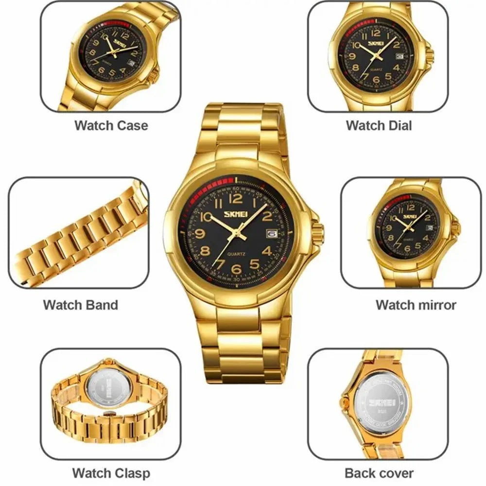 SKMEI 9320 Vintage Date Display Luminous Pointer Quartz Watch with Stainless Steel Strap - Black+Black - 3