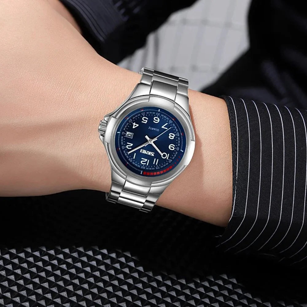 SKMEI 9320 Vintage Date Display Luminous Pointer Quartz Watch with Stainless Steel Strap - Black+Black - 5
