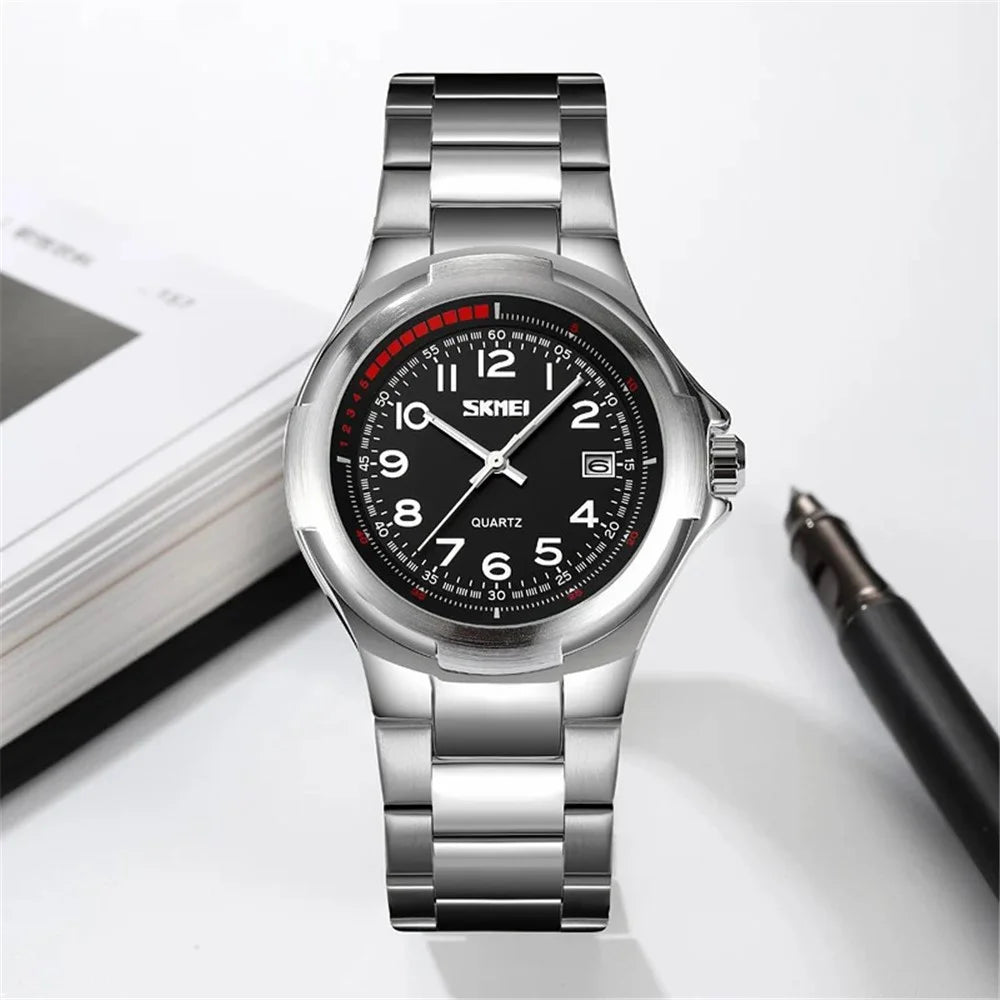 SKMEI 9320 Vintage Date Display Luminous Pointer Quartz Watch with Stainless Steel Strap - Black+Black - 6