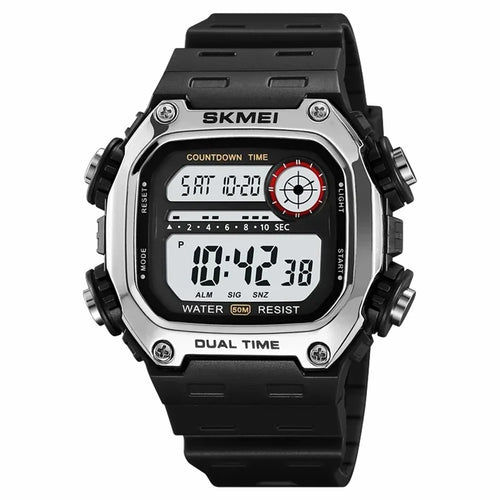 SKMEI 2126 Teenager Student Square Digital Watch Luminous Waterproof Sports Electronic Watch - Black Strap / Silver Case / White Dial - 1