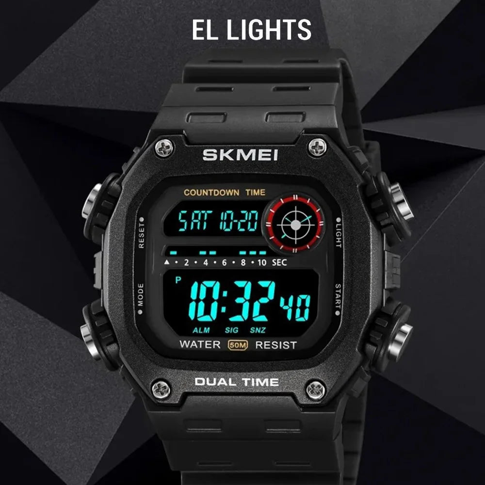 SKMEI 2126 Teenager Student Square Digital Watch Luminous Waterproof Sports Electronic Watch - Black Strap / Silver Case / White Dial - 2