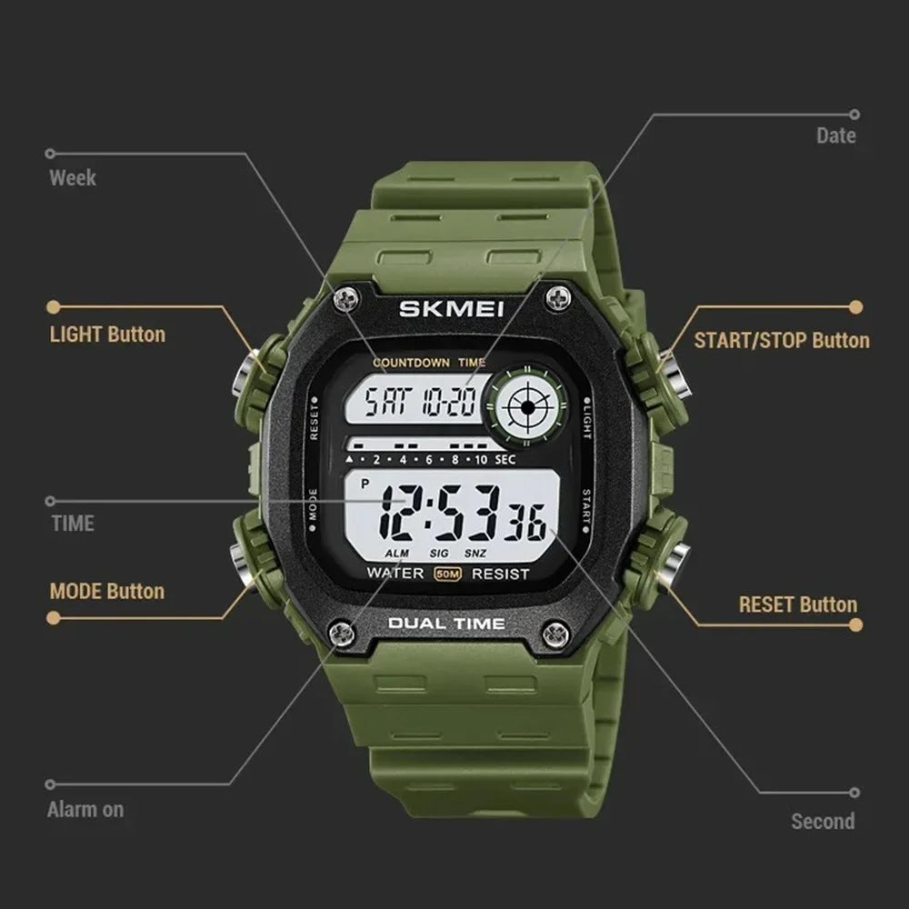 SKMEI 2126 Teenager Student Square Digital Watch Luminous Waterproof Sports Electronic Watch - Black Strap / Silver Case / White Dial - 4