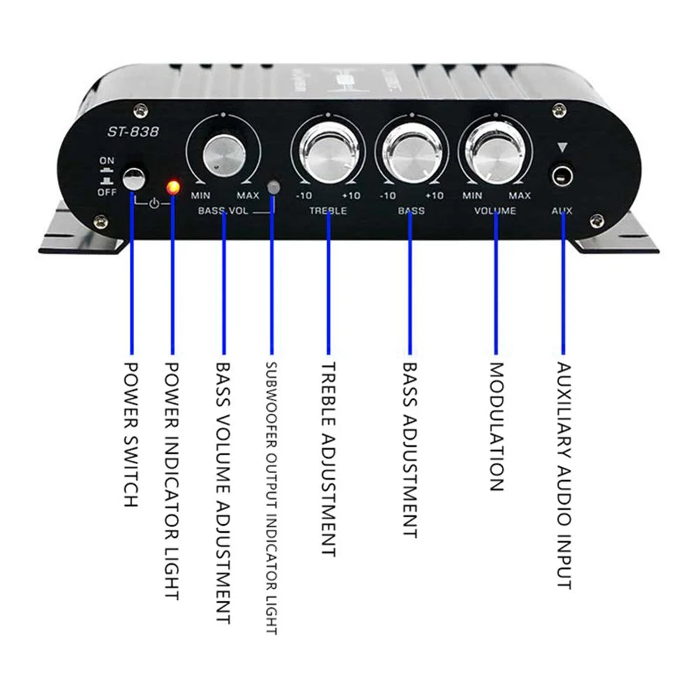 ST-838 12V Car Mini Audio Power Amplifier Hifi Sound Stereo Amplifier - Black - 4