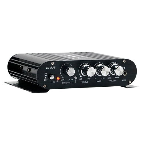 ST-838 15x12x3.5cm Audio Sound Power Amplifier Hifi Sound Stereo Receiver with 2A Power Adapter - US Plug  /  Black - 1
