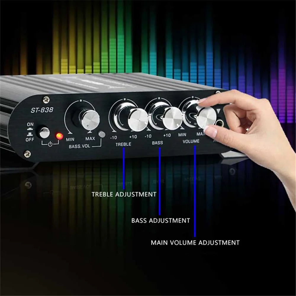 ST-838 15x12x3.5cm Audio Sound Power Amplifier Hifi Sound Stereo Receiver with 2A Power Adapter - US Plug  /  Black - 2
