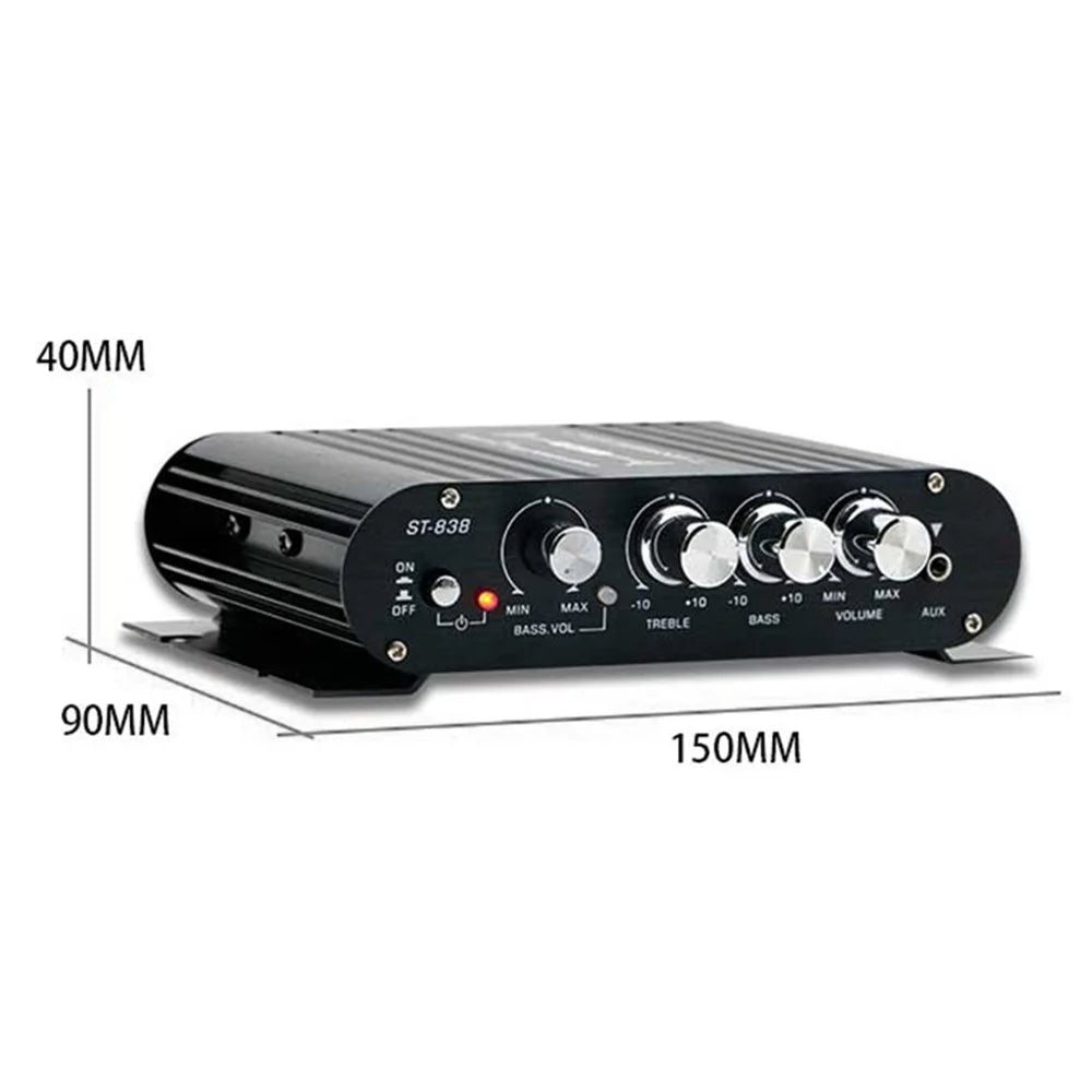 ST-838 15x12x3.5cm Audio Sound Power Amplifier Hifi Sound Stereo Receiver with 2A Power Adapter - US Plug  /  Black - 6