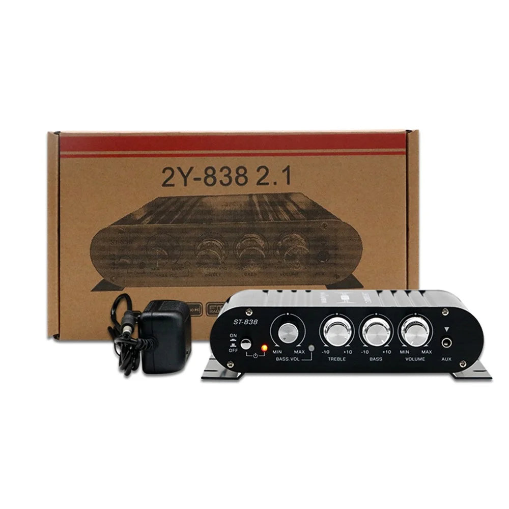 ST-838 15x12x3.5cm Audio Sound Power Amplifier Hifi Sound Stereo Receiver with 2A Power Adapter - US Plug  /  Black - 7