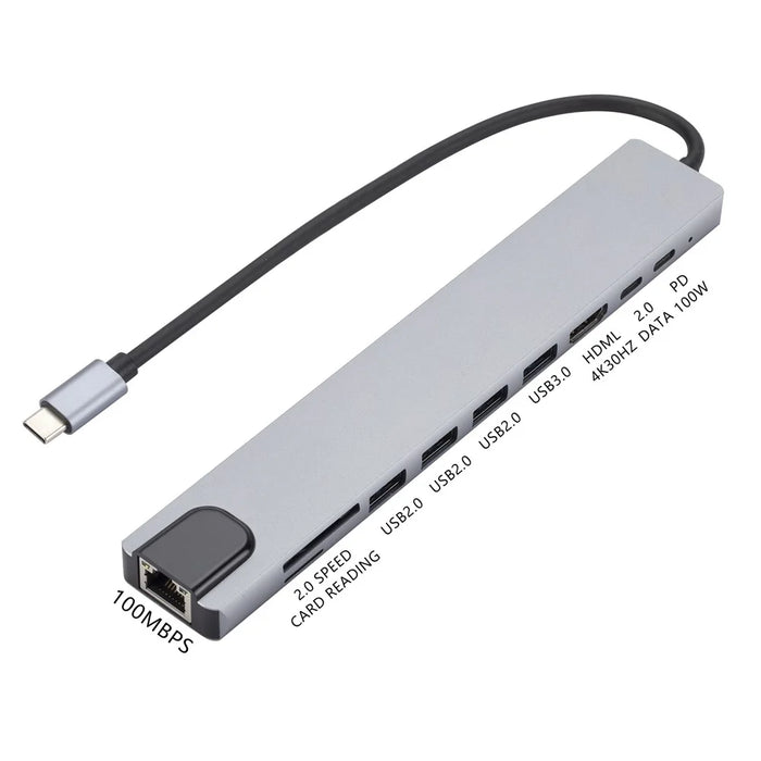 USB-C Hub to PD 100W+3xUSB 2.0+USB 3.0+HD Output+2 Card Reader Slots+RJ45+Type-C - 2