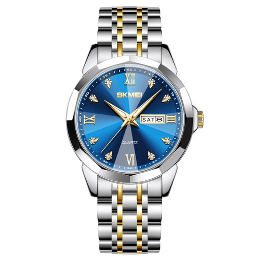 SKMEI 7070 Weekday Date Display Stainless Steel Strap Quartz Wrist Watch for Men / Women - Gold Splicing+Blue / Men - 1