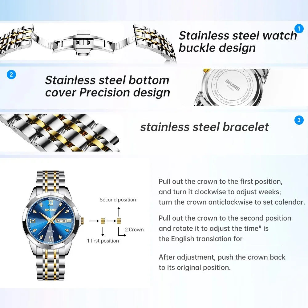 SKMEI 7070 Weekday Date Display Stainless Steel Strap Quartz Wrist Watch for Men / Women - Gold Splicing+Blue / Men - 2