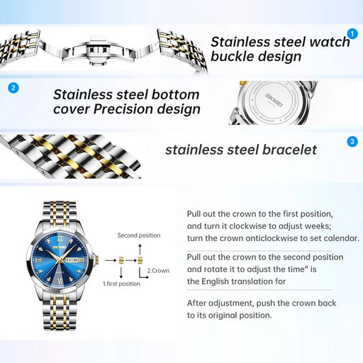 SKMEI 7070 Weekday Date Display Stainless Steel Strap Quartz Wrist Watch for Men / Women - Gold Splicing+Blue / Men - 2